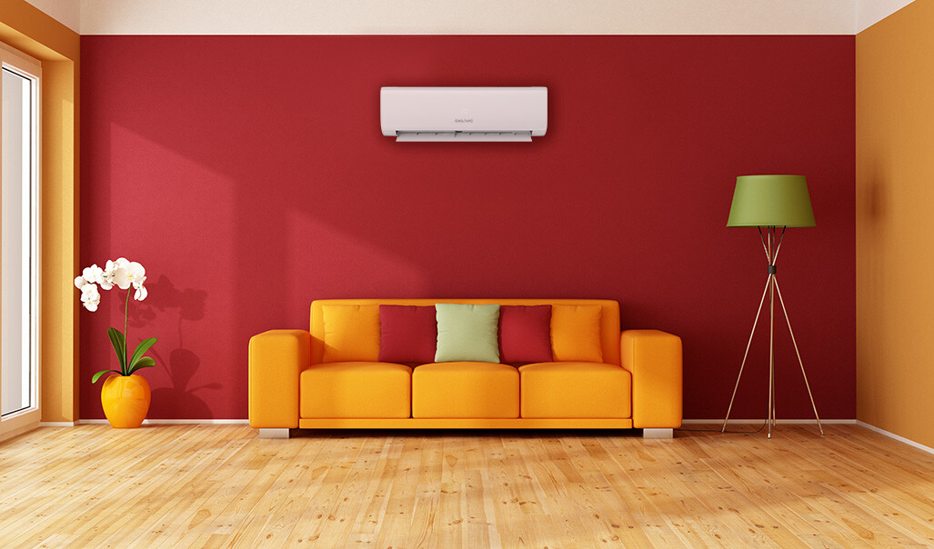 Soltaro AC Air Conditioning unit against red wall