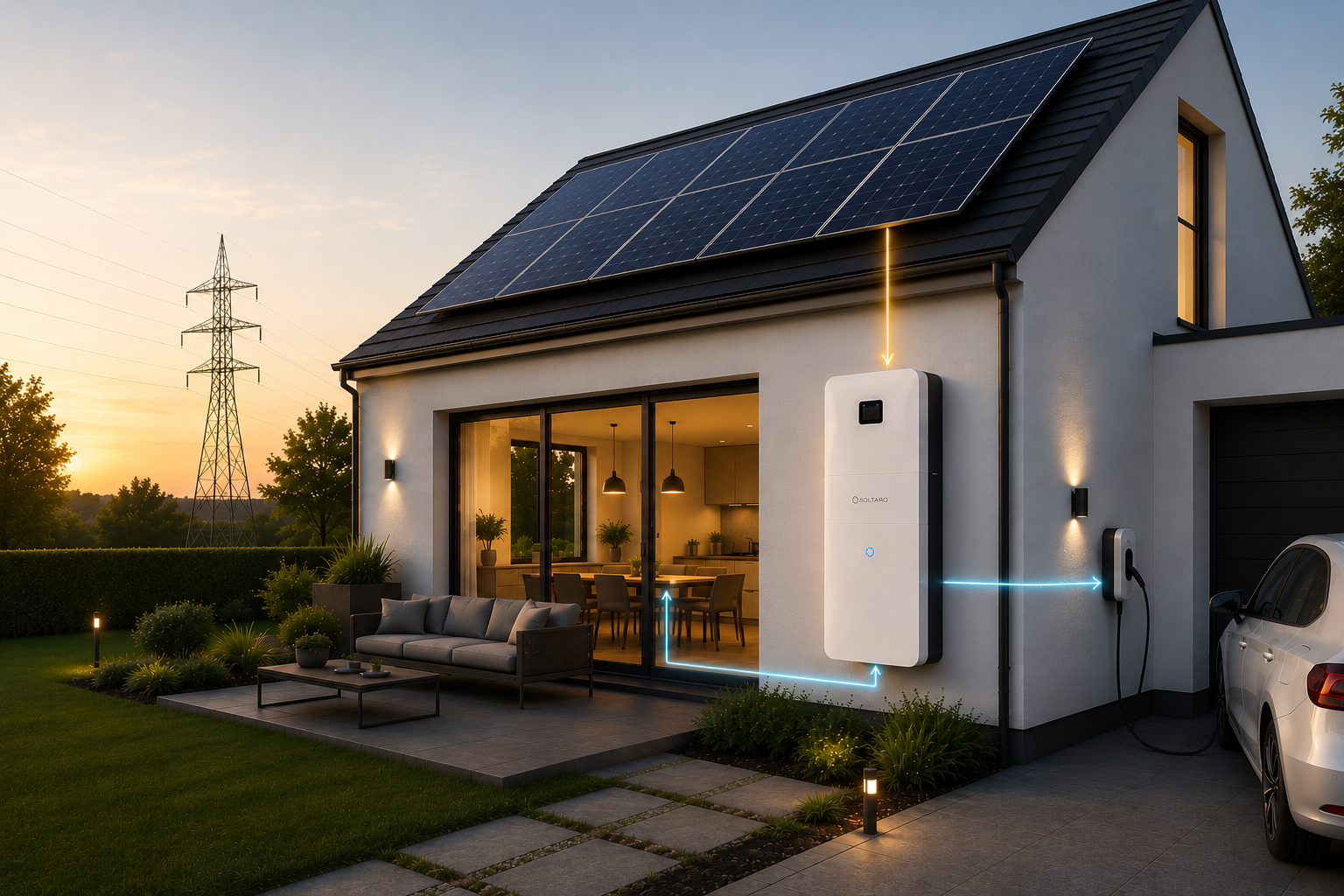 Solar house with power lines in backgroud